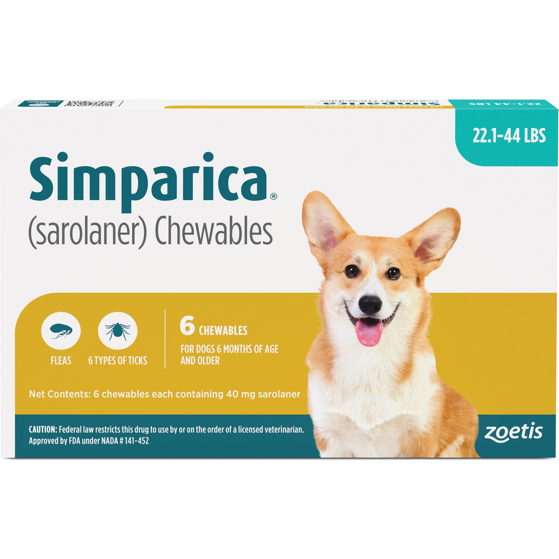 Simparica Chewable Tablet for Dogs, 22.1-44 lbs, (Mint Box), 12 Chewable Tablets (12-mos. supply)