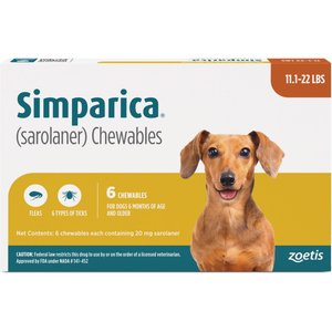 Simparica Chewable Tablet for Dogs, 11.1-22 lbs, (Orange Box), 6 Chewable Tablets (6-mos. supply)