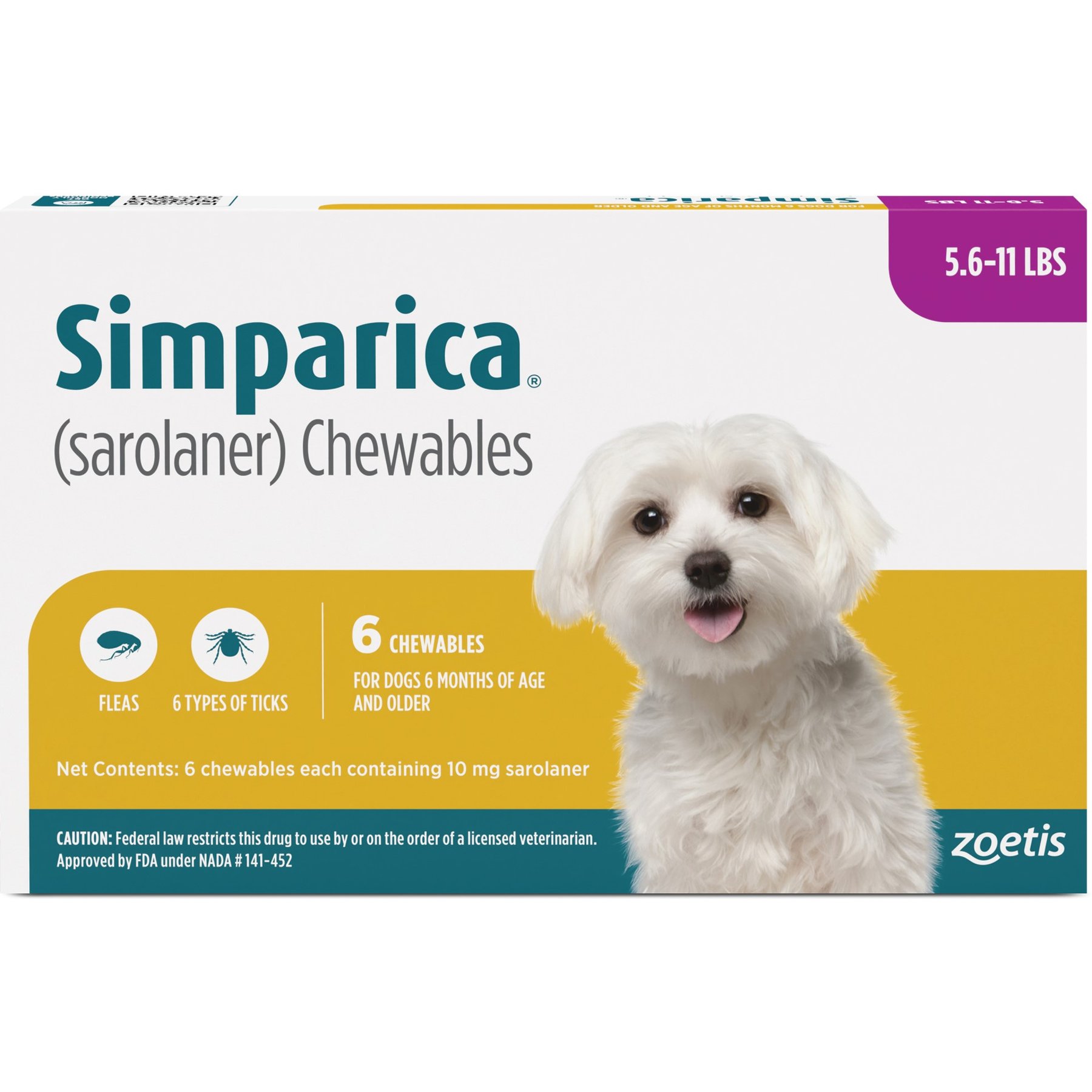 5.6-11 lbs, Simparica 10 mg Sarolaner Chewable Tablets for Dogs, 6 treatments