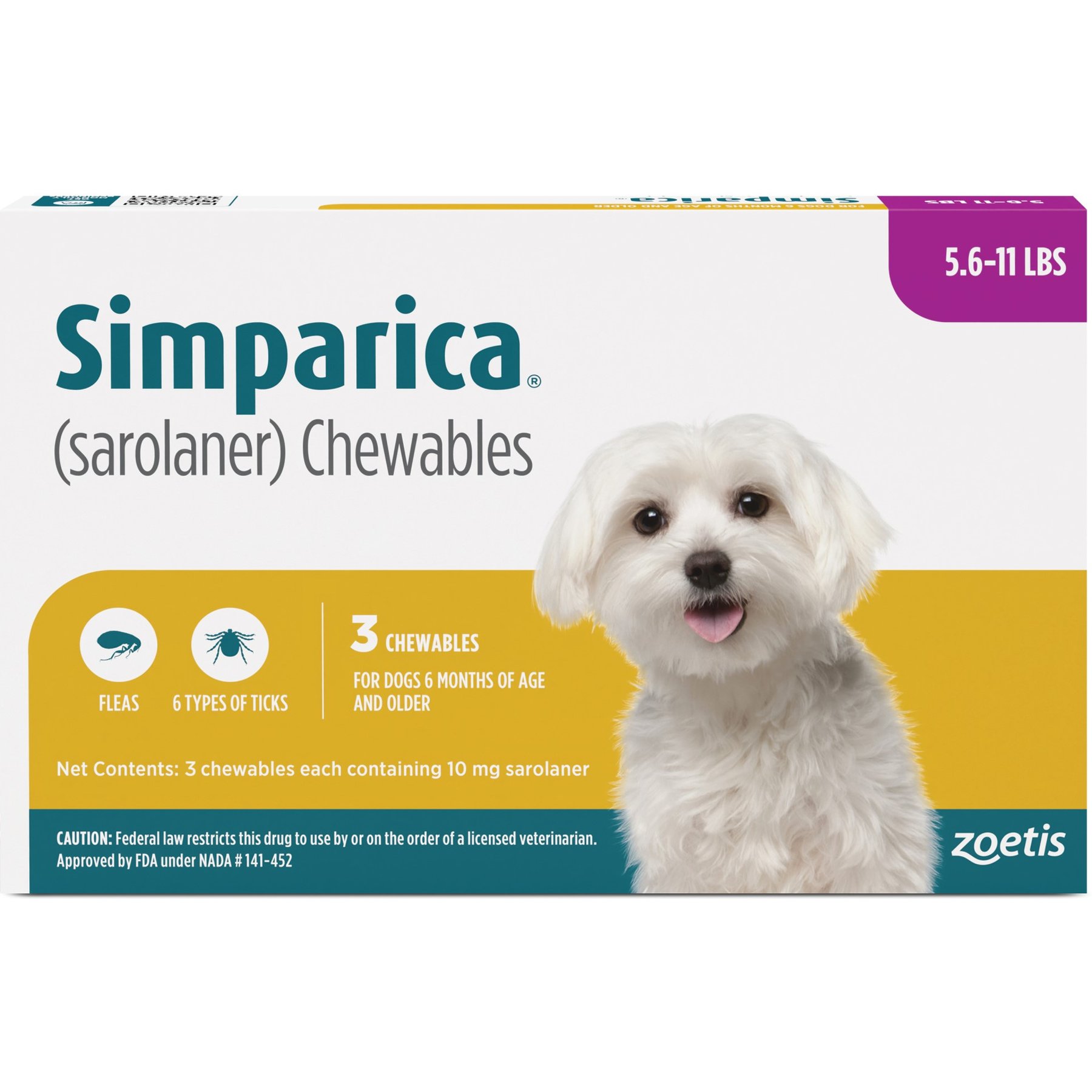 5.6-11 lbs, Simparica Chewable Tablets for Dogs, 3 treatments, 10 mg Sarolaner