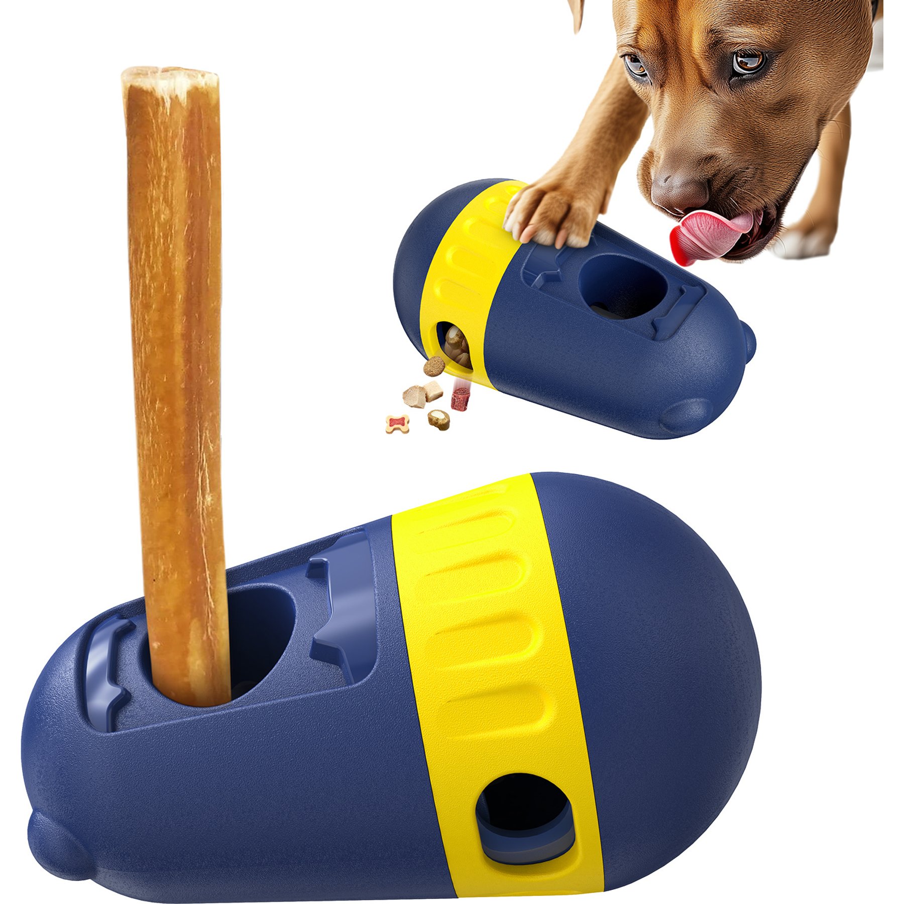 KADTC 2 in 1 Tough Bully Stick Holder & Treat Dispensing Dog Chew Toy, Blue, Large