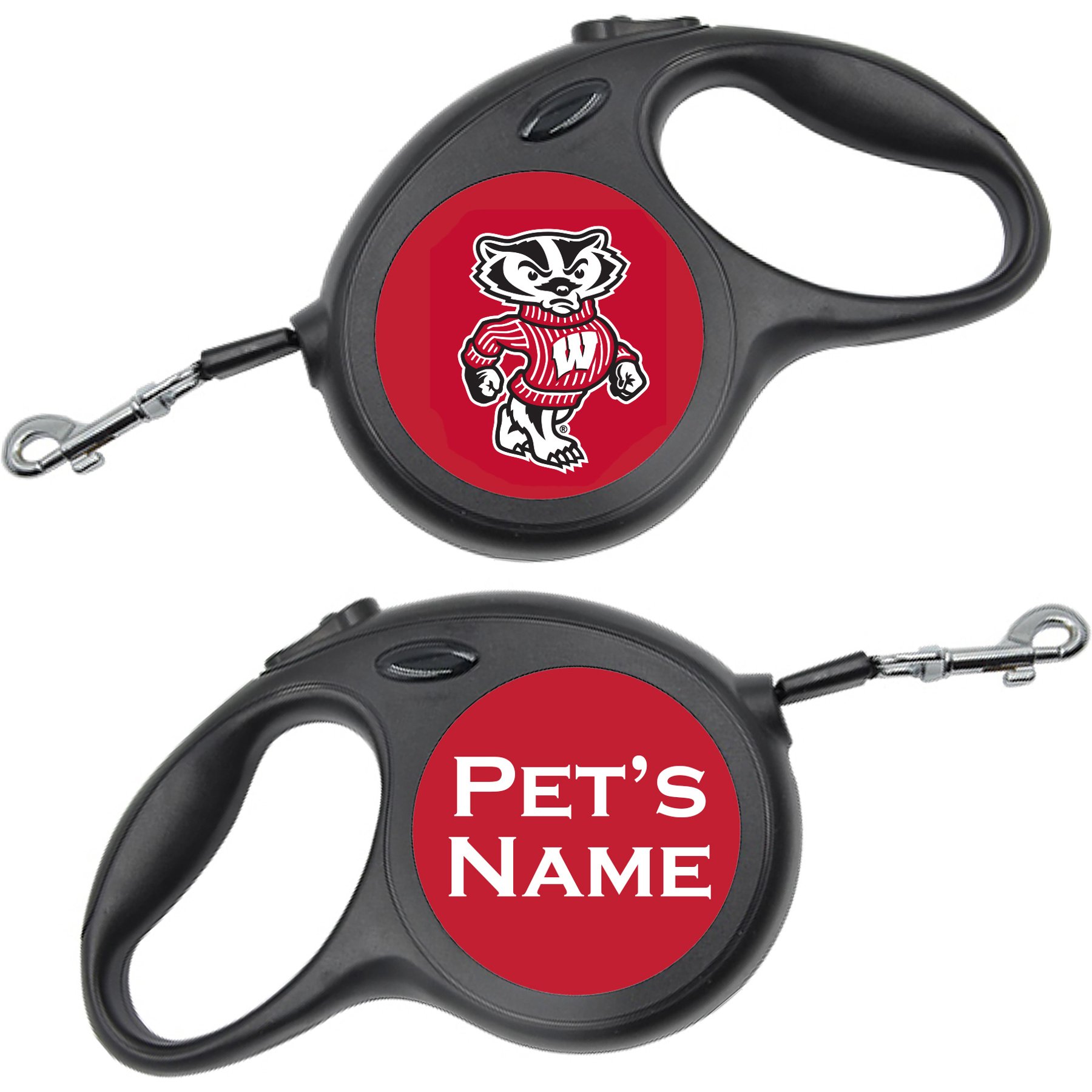 ShopInstaPets Retractable Dog Walking Leash, Black, 16-ft long, 1/2-in wide, Wisconsin Badgers