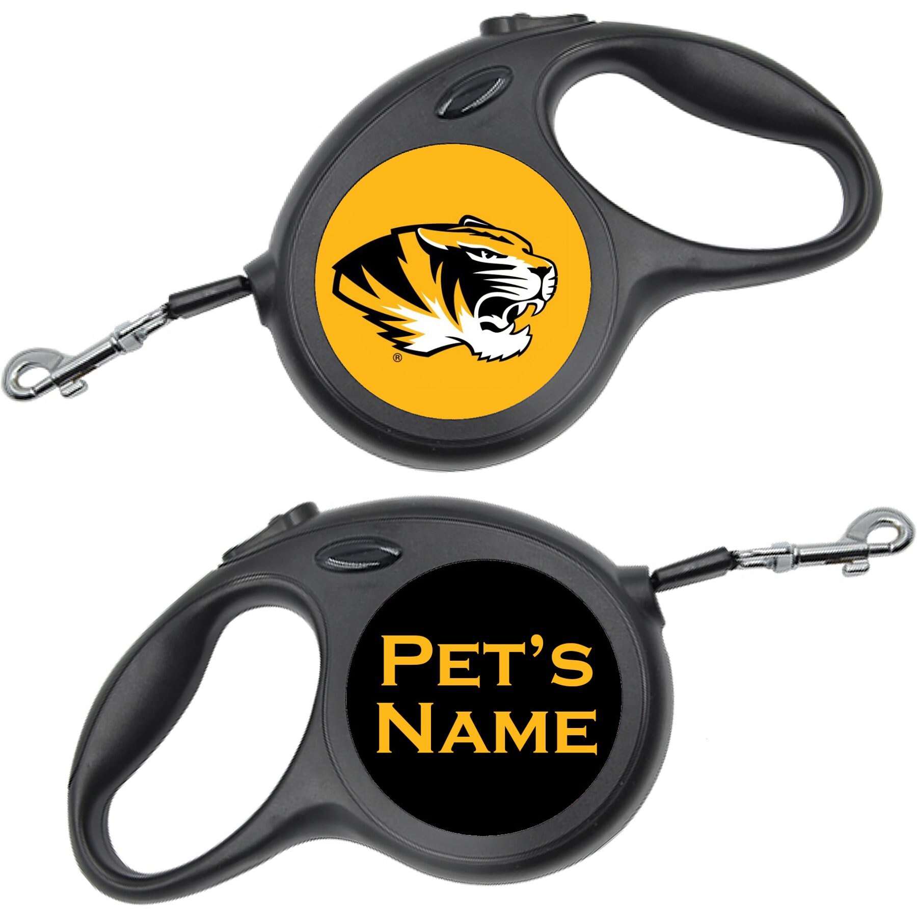 ShopInstaPets Retractable Dog Walking Leash, Black, 16-ft long, 1/2-in wide, Missouri Tigers