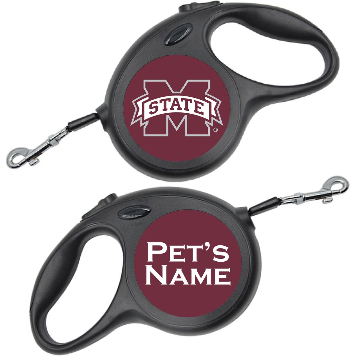 ShopInstaPets Retractable Dog Walking Leash, Black, 16-ft long, 1/2-in wide, Mississippi State Bulldogs