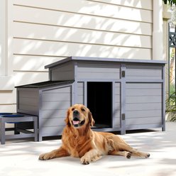 Coziwow Wooden Waterproof Outdoor Dog House with Slow Bowls & Storage Box, Grey, Large, 59-in