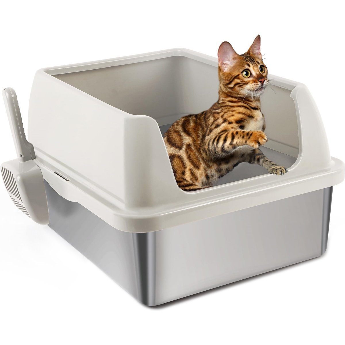 allforpaws Go Fresh Enclosed Stainless Steel Cat Litter Box, 21 x 16 x 11.8-in, Sand