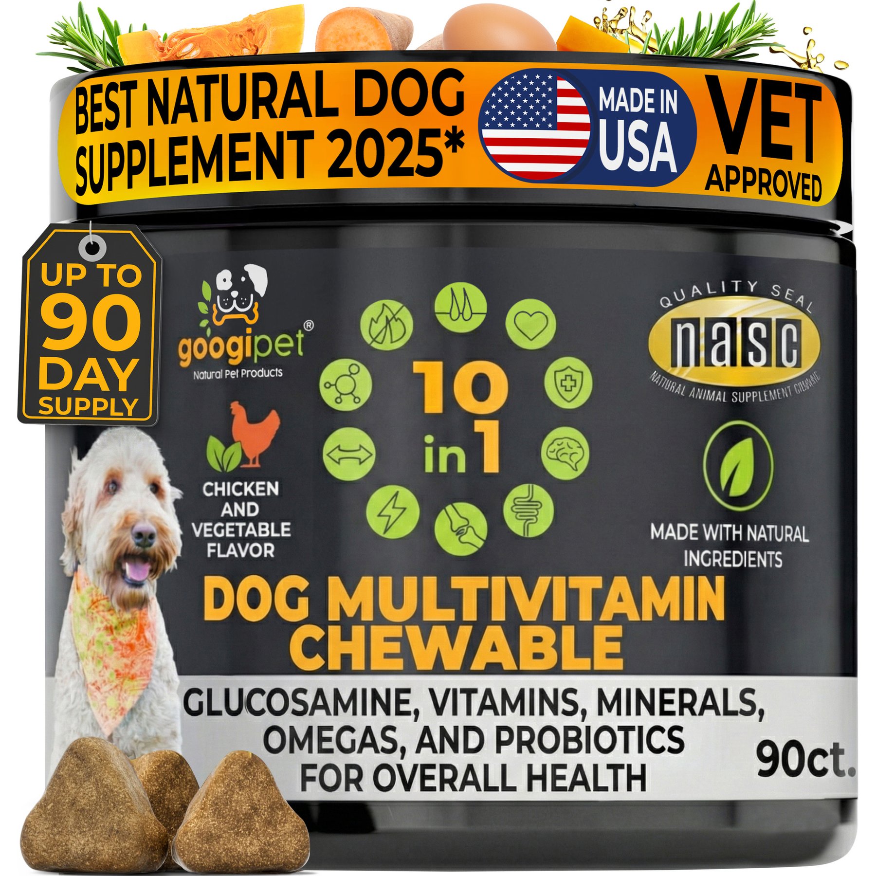 Googipet 10-in-1 Multivitamin Chicken & Vegetable Flavored Soft Chew Supplement for Dogs, 90 count