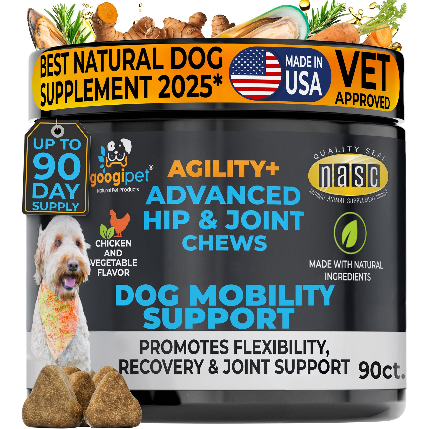 Googipet Hip & Joint Support Chicken & Vegetable Flavored Soft Chew Supplement for Dogs, 90 count