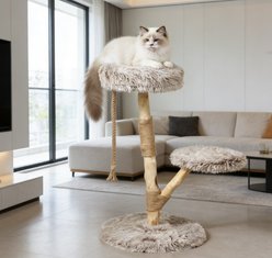 HOMLUX Cat Tree with Wooden Scratching Posts, Plush Beds & Rope Toy, Natural Wood