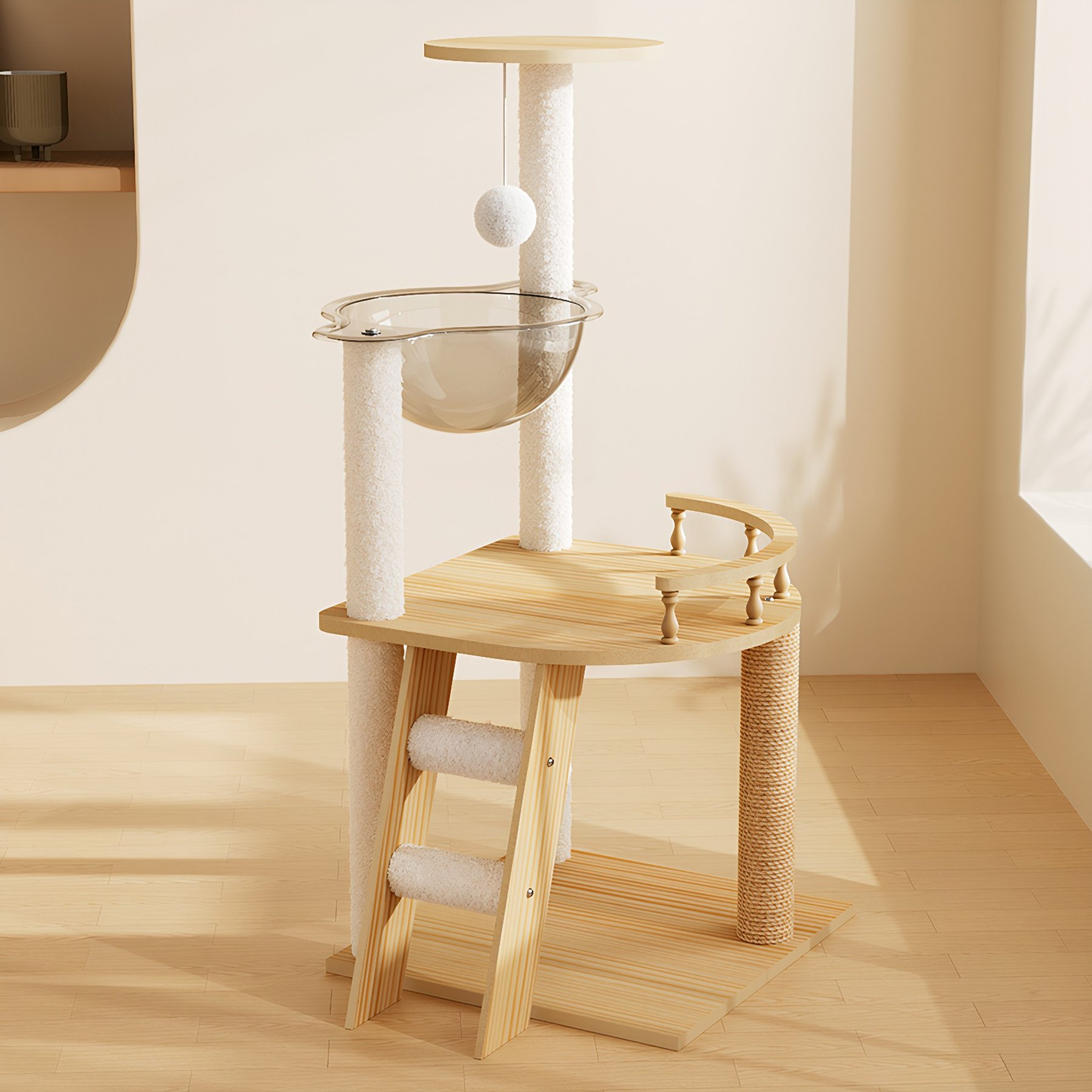 HOMLUX 41.3-in Modern Wood Cat Tower with Sisal Scratching Posts & Acrylic Hammock, Natural White