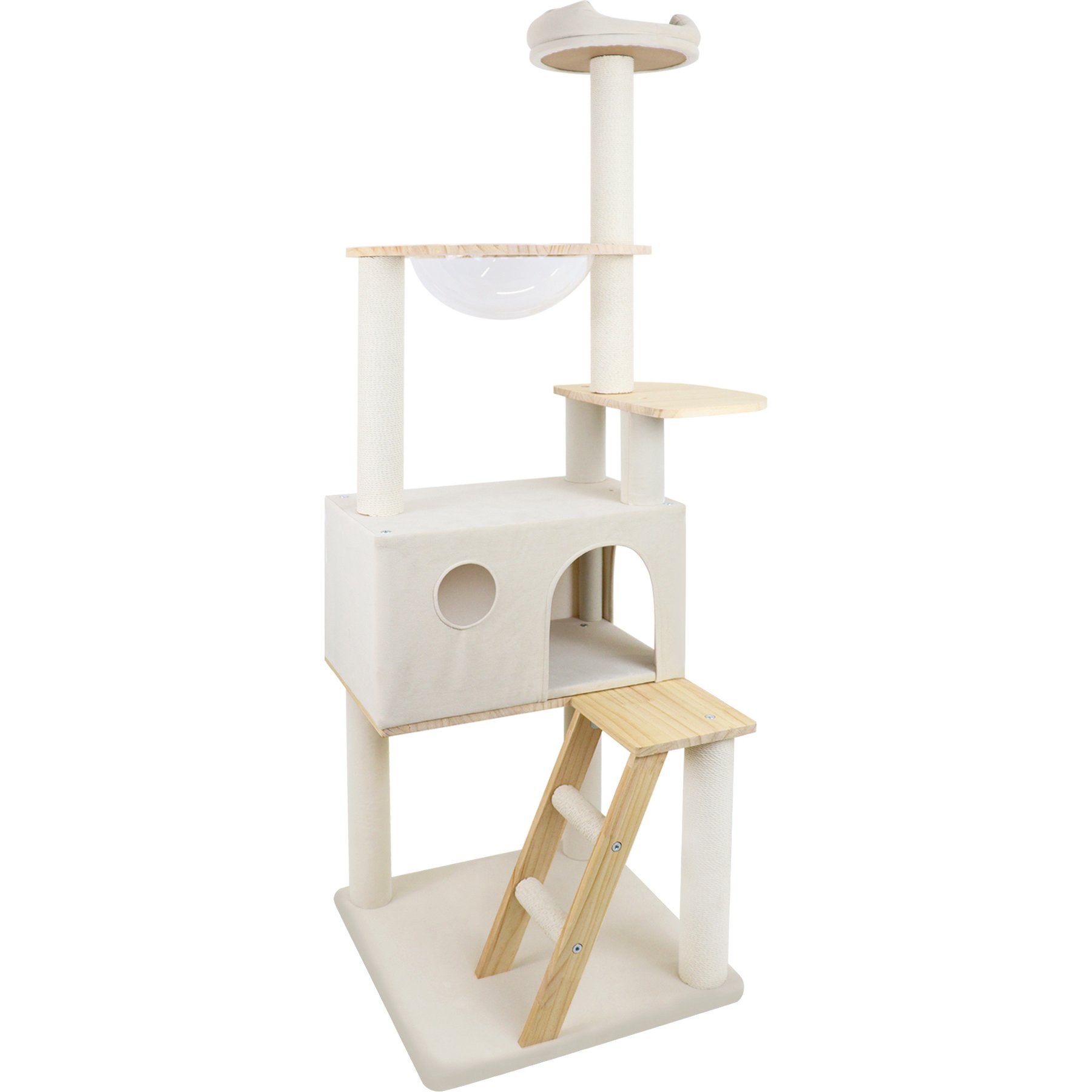 Cesicia Wood Ladder & Transparent Spacecraft 65-in Cat Tree & Condo, White