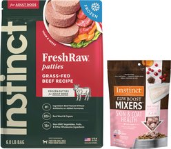 Instinct Frozen Raw Patties Real Beef Recipe Food + Freeze-Dried Raw Boost Mixers Skin & Coat Health Recipe Dog Food Topper slide 1 of 9