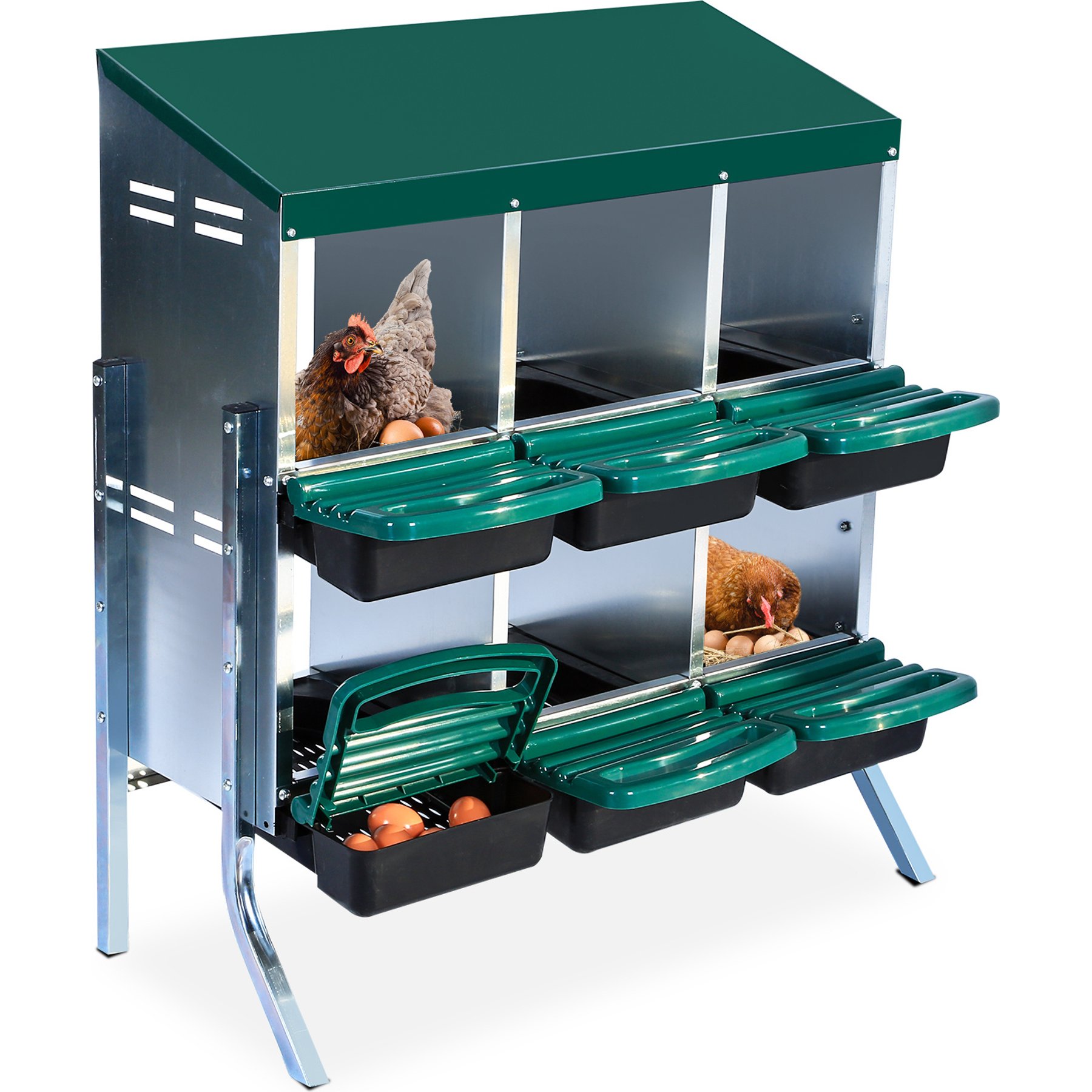 LALFPET Two-Tier 6 Room Chicken Nesting Box with Lid Cover, 31.89-in, Green with Legs