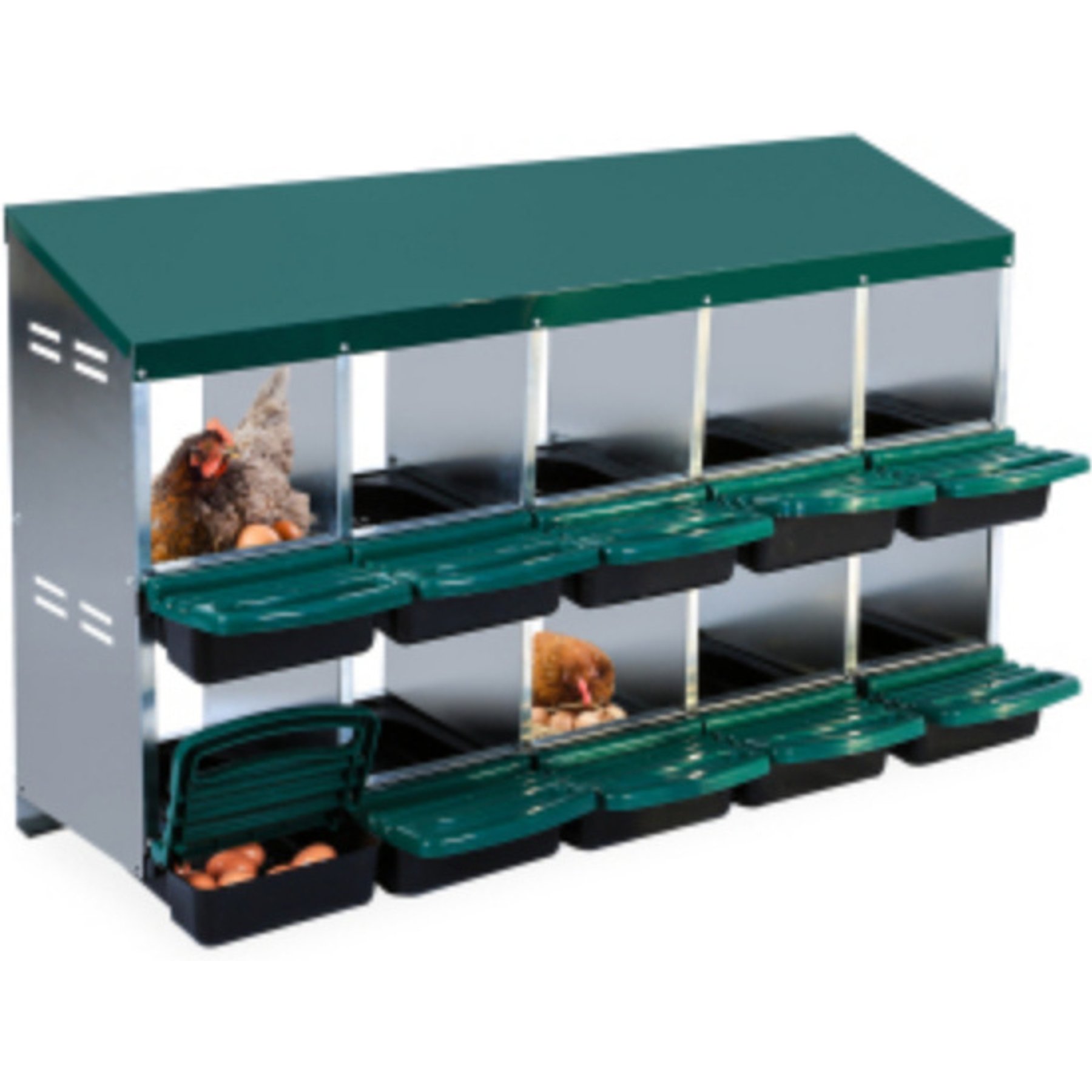 LALFPET Two-Tier 10 Room Chicken Nesting Box with Lid Cover, Green, 52.56-in