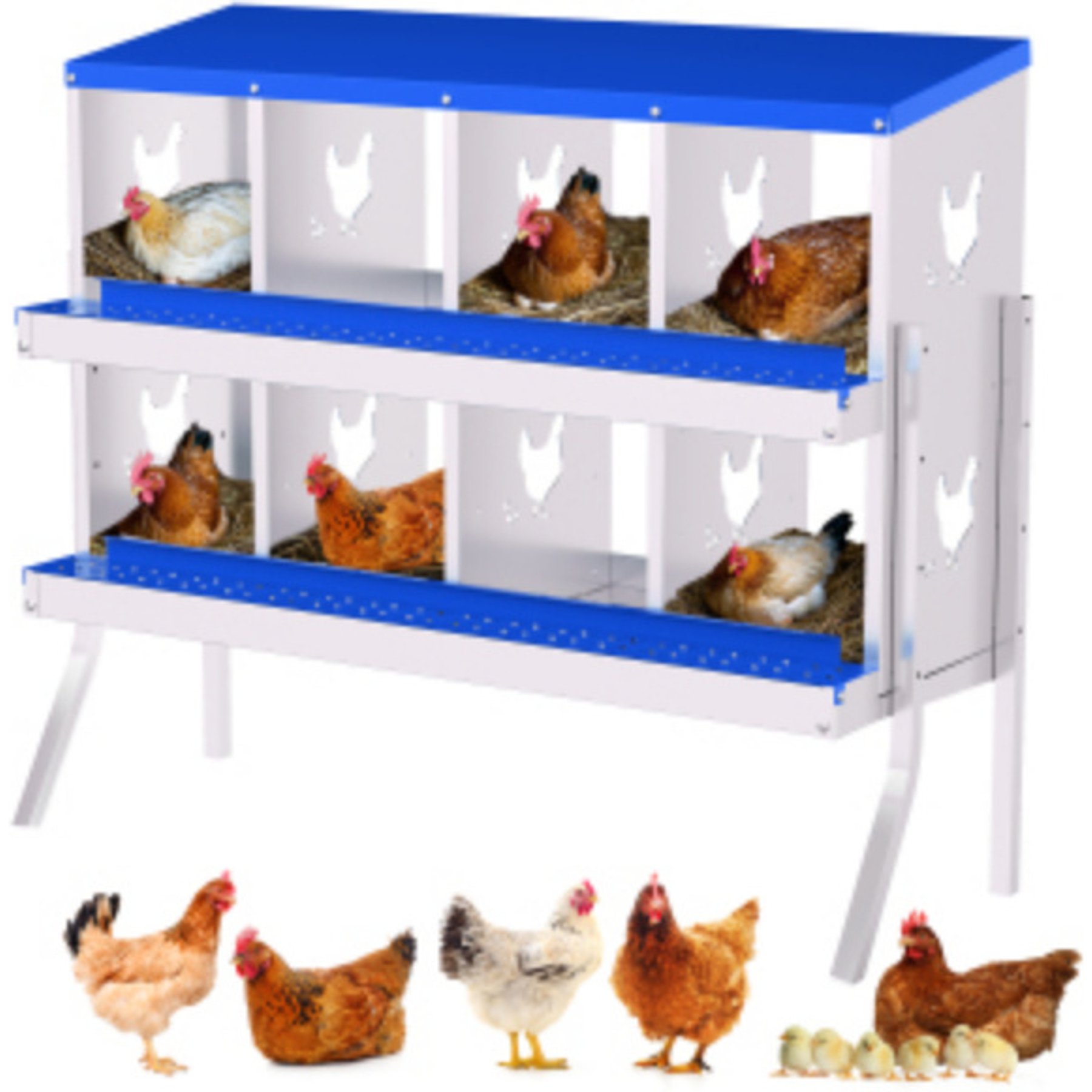 LALFPET 6/8/10 Hole Galvanized Steel Rustproof Egg Laying Chicken Nesting Boxes, Blue with Legs, 42.52-in