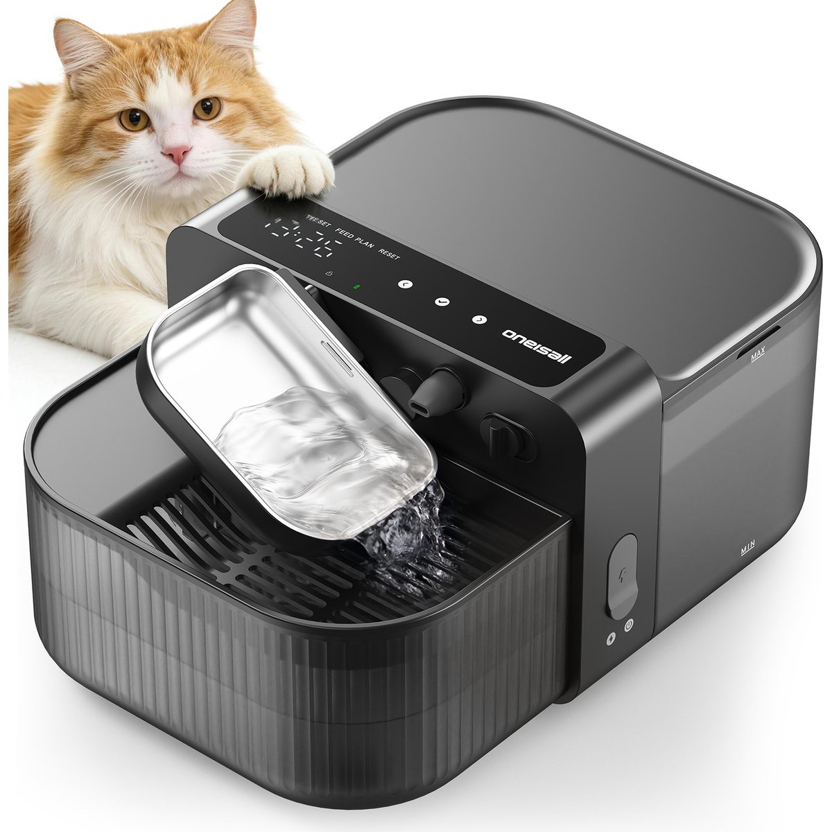 OneIsAll Wireless Ultra-Quiet Filterless Stainless Steel Cat Water Fountain, Black, Medium: 118-oz