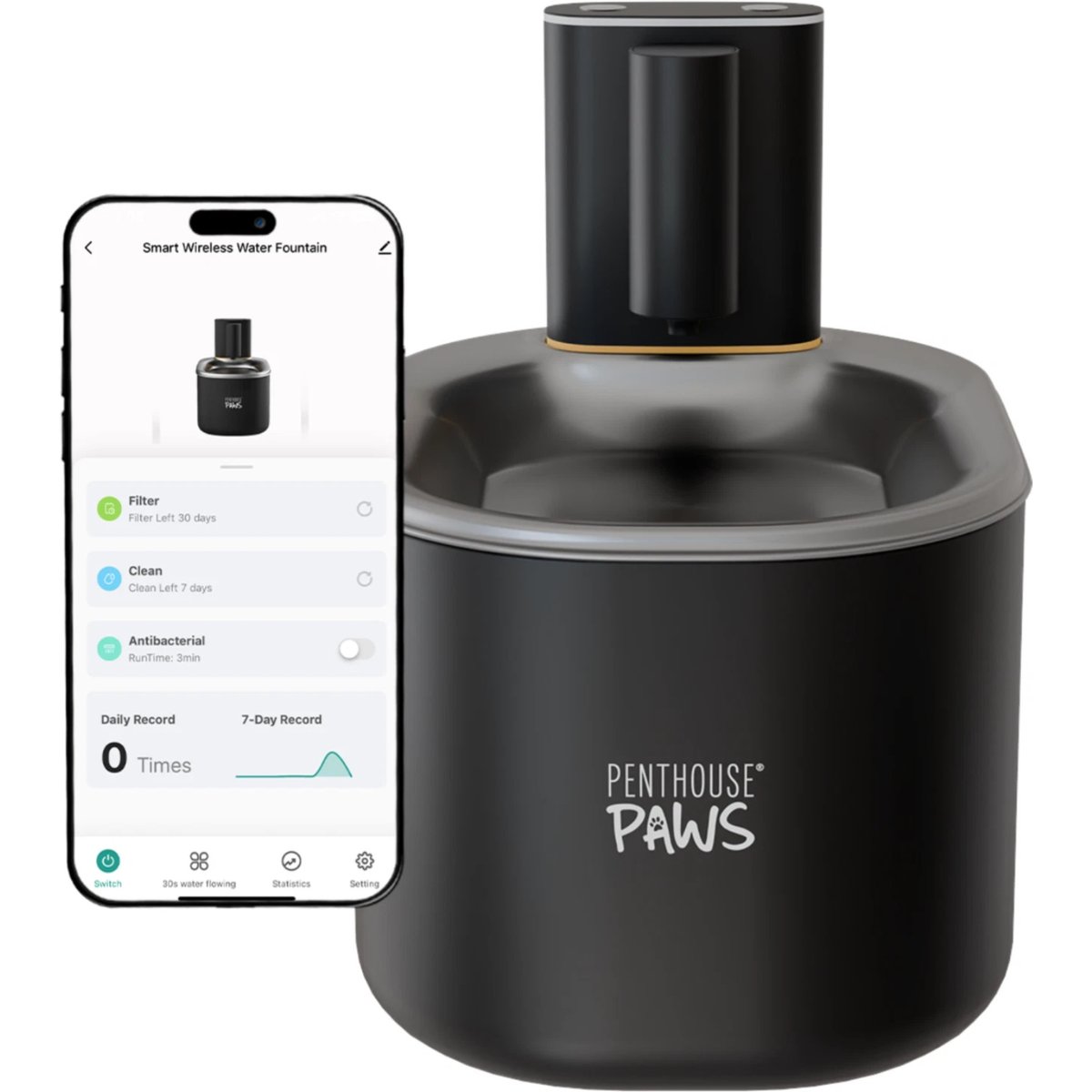 Penthouse Paws Smart Wireless Stainless Steel Dog & Cat Water Fountain, Black, 118-oz