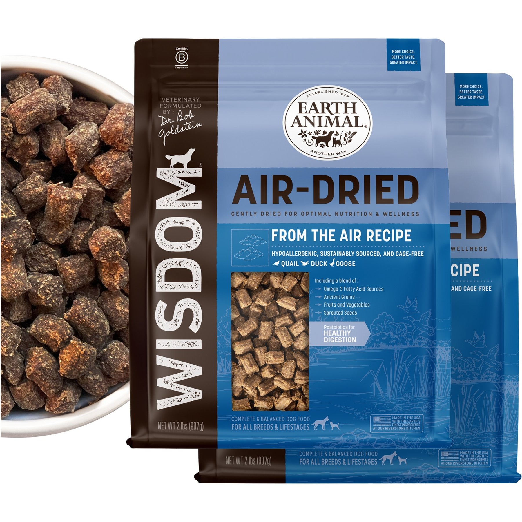 Earth Animal Wisdom Air-Dried From the Air Recipe with Quail, Duck, & Goose Premium Natural Dog Food, 64-oz bundle