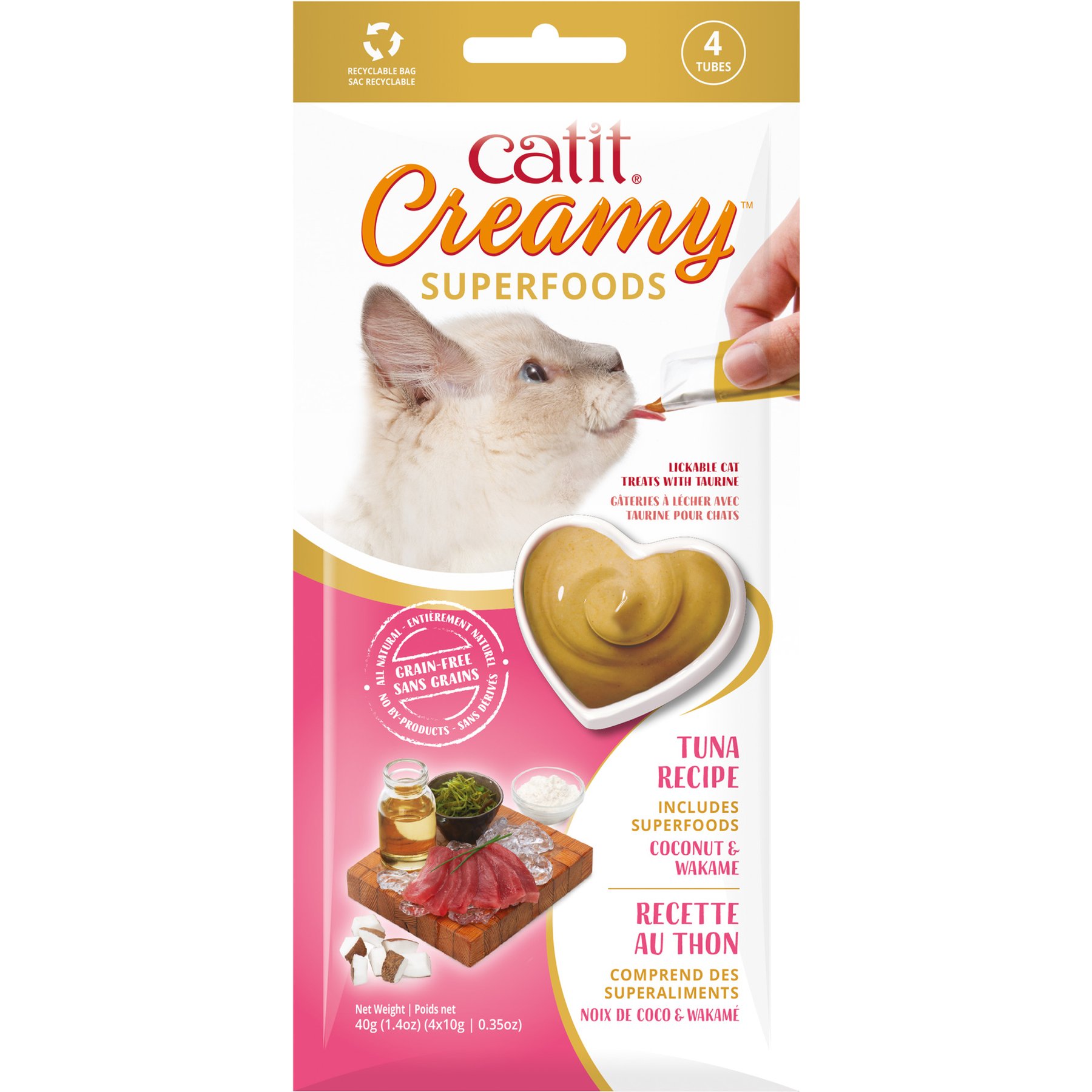 Catit Creamy Superfood Tuna Recipe with Coconut & Wakame Cat Lickable Treats, 0.35-oz tube, 4 count