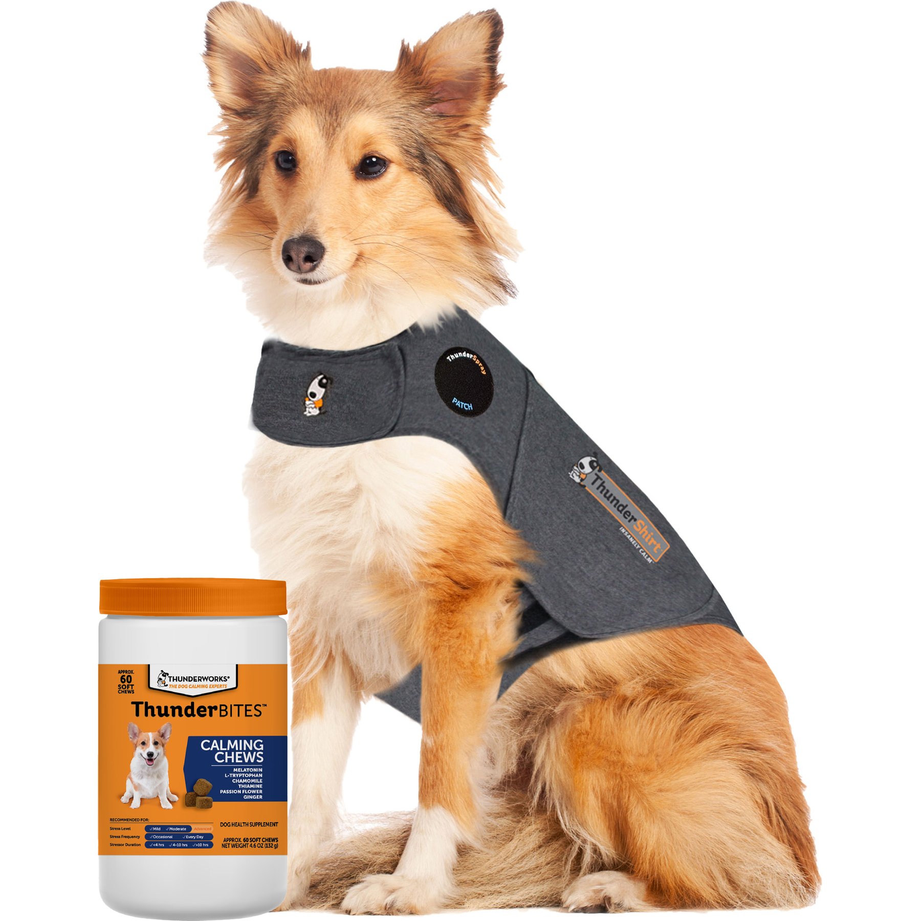 ThunderShirt Classic Anxiety & Calming Vest, Heather Grey, Large + ThunderWunders Melatonin Dog Chews