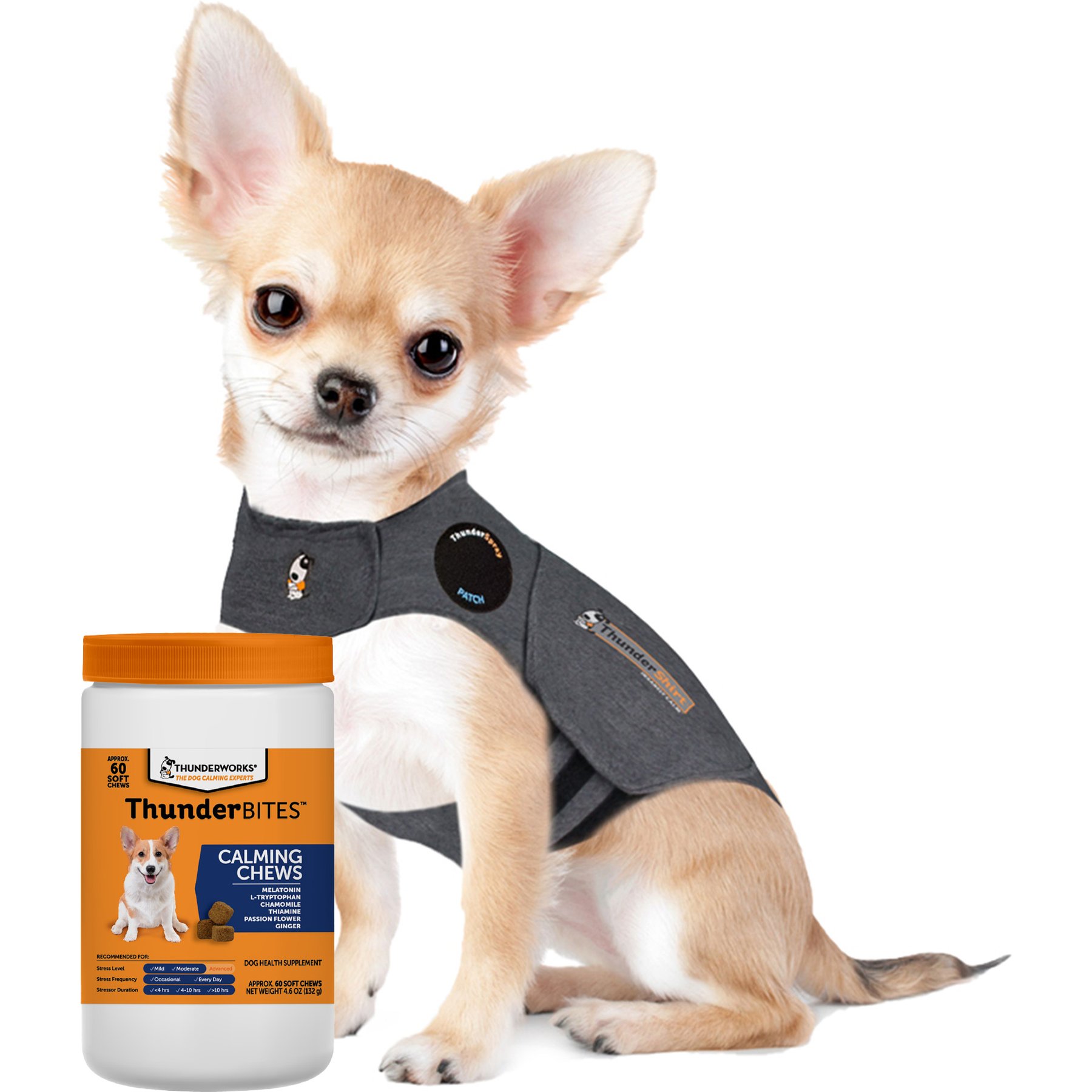 ThunderShirt Classic Anxiety & Calming Vest, Heather Grey, XX-Small + ThunderWunders Melatonin Dog Chews