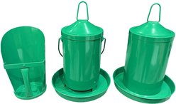 Zylina Powder Coated Green Metal Chicken Waterer, Feeder & Scoop Combo Pack, 1-gal, 9-lb