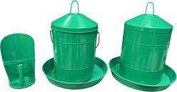 Zylina Powder Coated Green Metal Chicken Waterer, Feeder & Scoop Combo Pack, 3.2-gal, 26-lb