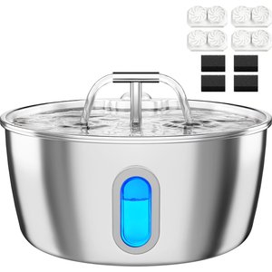 Neareal Round Automatic Stainless Steel BPA-Free Quiet Pump & Multi-Layer Filtration Water Fountain with 4 Filter Compatible with VB-02, Silver, Medium: 3.2-L