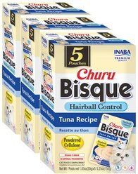 Inaba Churu Bisque Indoor Care Tuna Recipe Creamy Puree Grain-Free Lickable Cat Treats, 1.05-oz pouch, 15 count