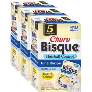 Inaba Churu Bisque Indoor Care Tuna Recipe Creamy Puree Grain-Free Lickable Cat Treats, 1.05-oz pouch, 15 count