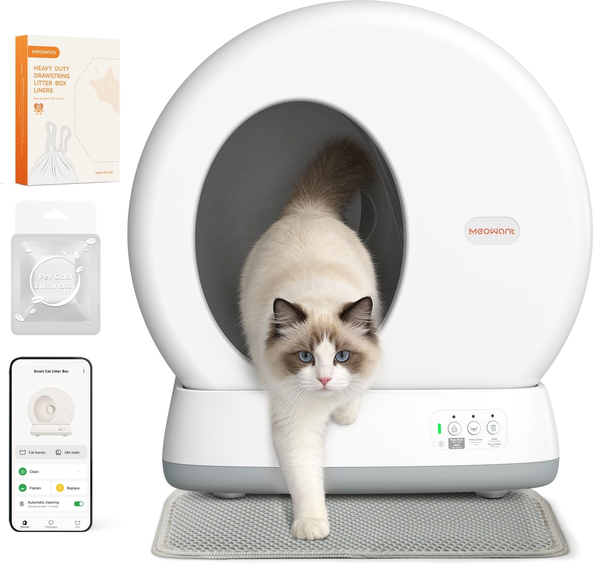 Meowant MEOWANT Smart WiFi Enabled Automatic Self-Cleaning Round Cat Litter Box ...