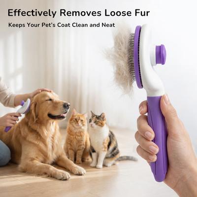 Show full view: Fido Fave Self-Cleaning Deshedding & Dematting Dog & Cat Slicker Brush with Quick Release Button, Purple slide 5 of 6