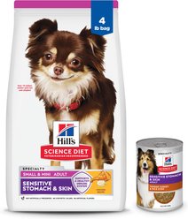 Hill's Science Diet Adult Sensitive Stomach & Skin Small & Mini Breed Chicken Recipe Dry Food, 4-lb bag + Tender Turkey & Rice Stew Canned Dog Food