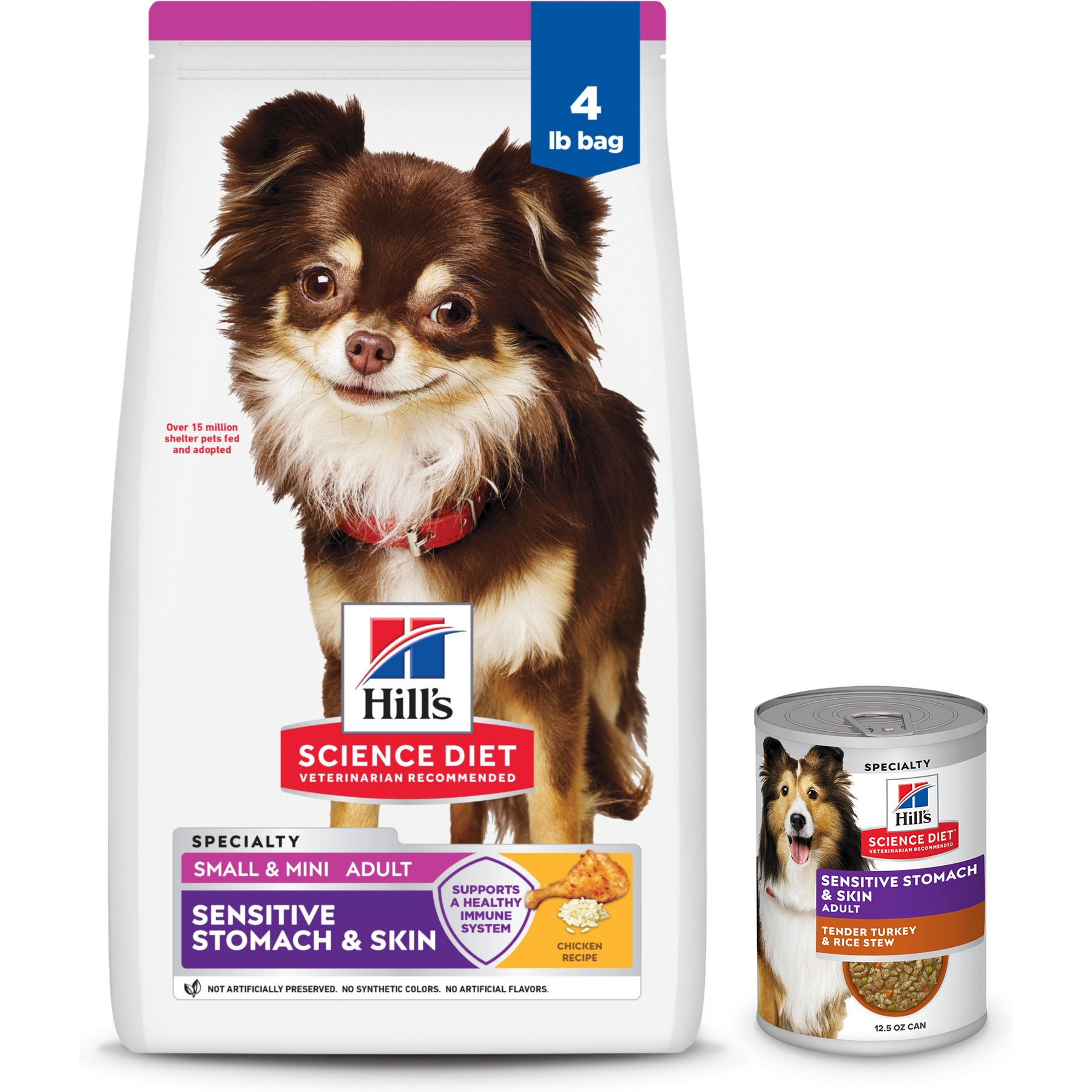 Hill's Science Diet Adult Sensitive Stomach & Skin Small & Mini Breed Chicken Recipe Dry Food, 4-lb bag + Tender Turkey & Rice Stew Canned Dog Food