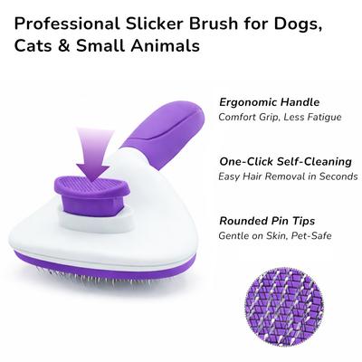 Show full view: Fido Fave Self-Cleaning Deshedding & Dematting Dog & Cat Slicker Brush with Quick Release Button, Purple slide 2 of 6