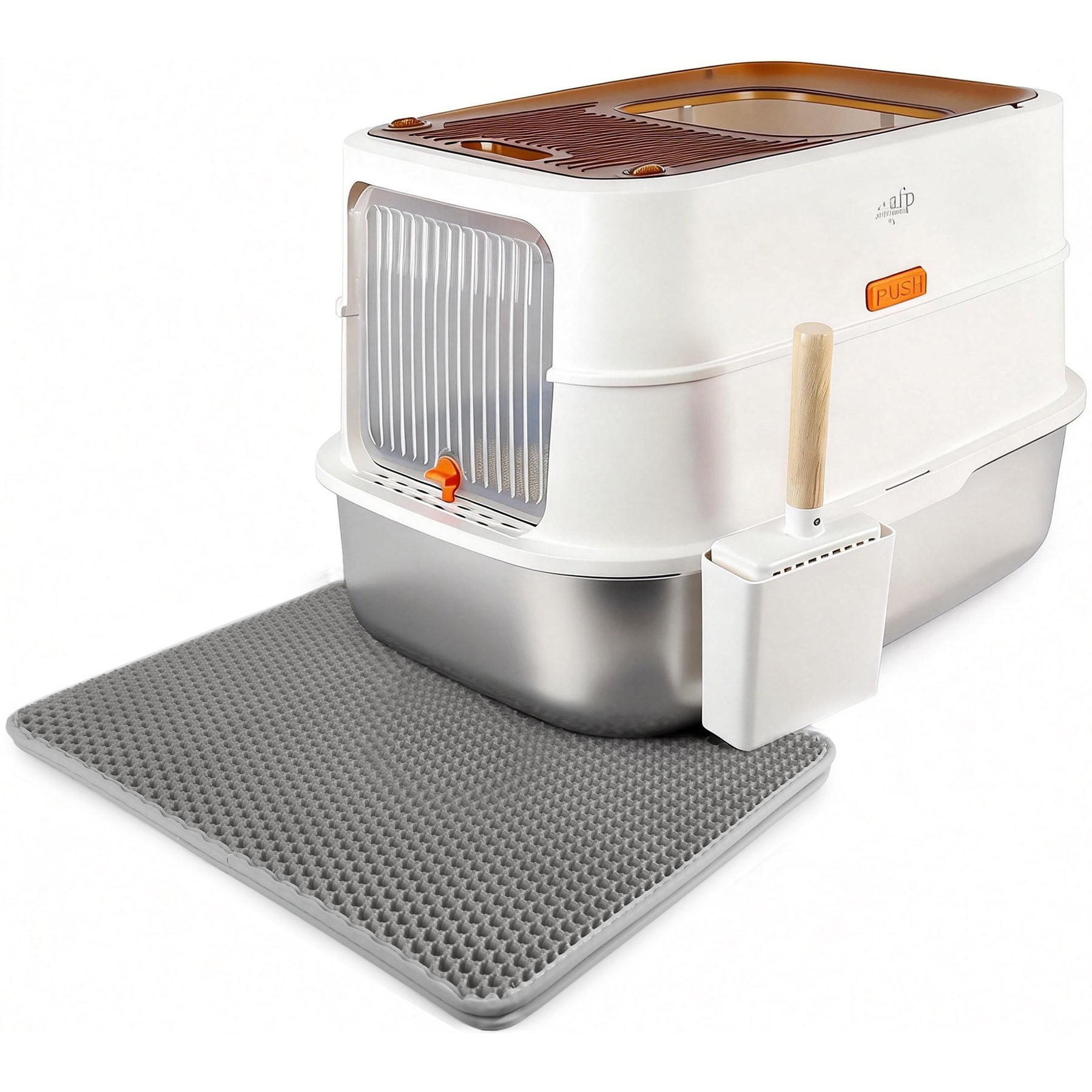 allforpaws Go Fresh Top & Front Entry Stainless Steel Hooded Cat Litter Box, Sand