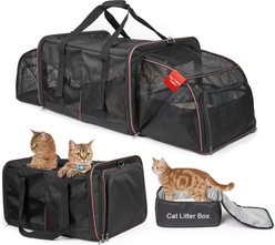 MALOROY Double Expandable Soft Sided Carrier with Litter Box for 2 Cats, Black, X-Large: 44.7 x 16 x 11.8-in