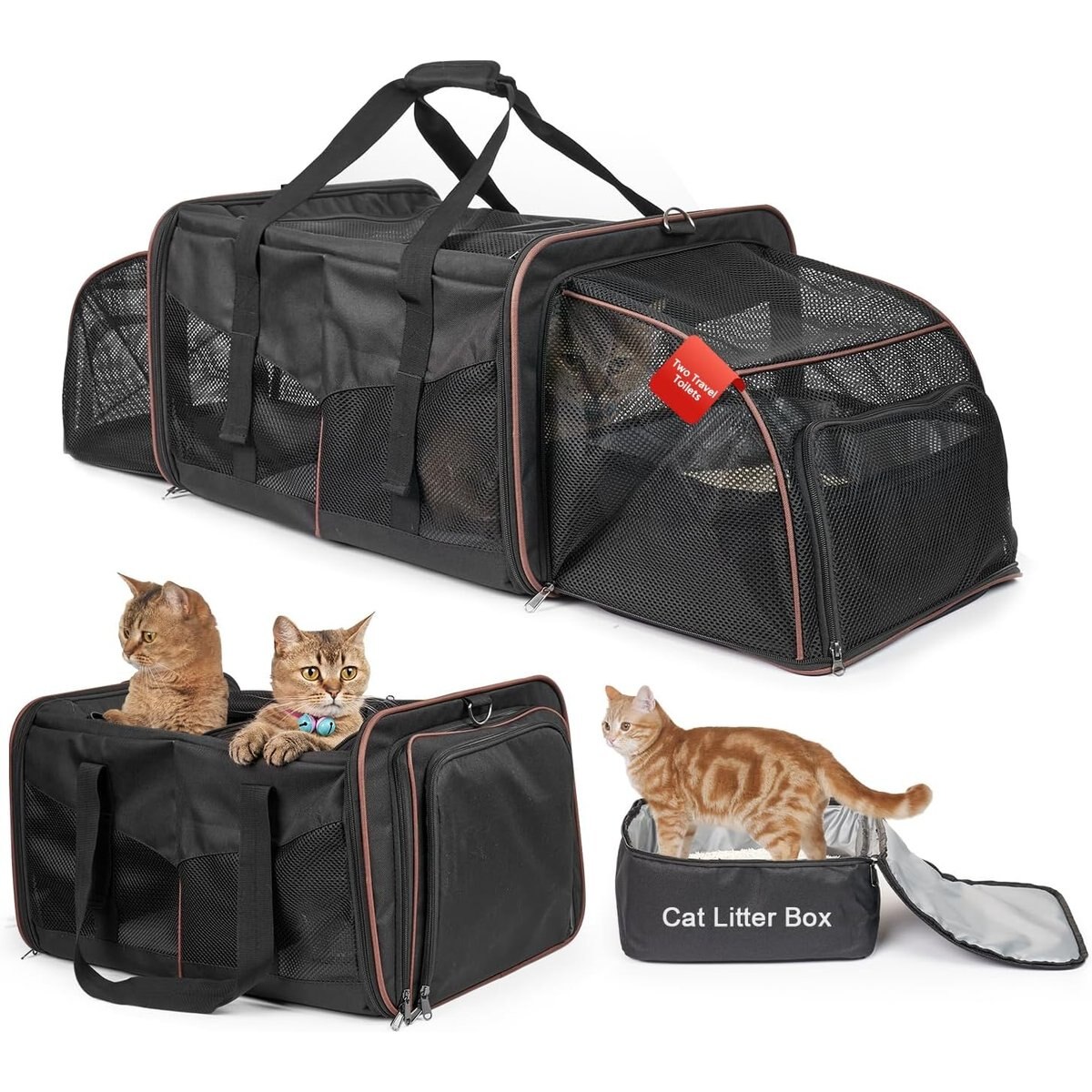 MALOROY Double Expandable Soft Sided Carrier with Litter Box for 2 Cats, Black, X-Large: 44.7 x 16 x 11.8-in