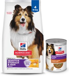 Hill's Science Diet Adult Sensitive Stomach & Skin Chicken Recipe Dry Food, 4-lb bag + Tender Turkey & Rice Stew Canned Dog Food