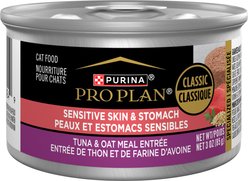 Purina Pro Plan Focus Sensitive Skin & Stomach Tuna & Oat Meal Entree Canned Cat Food, 3-oz can, case of 24