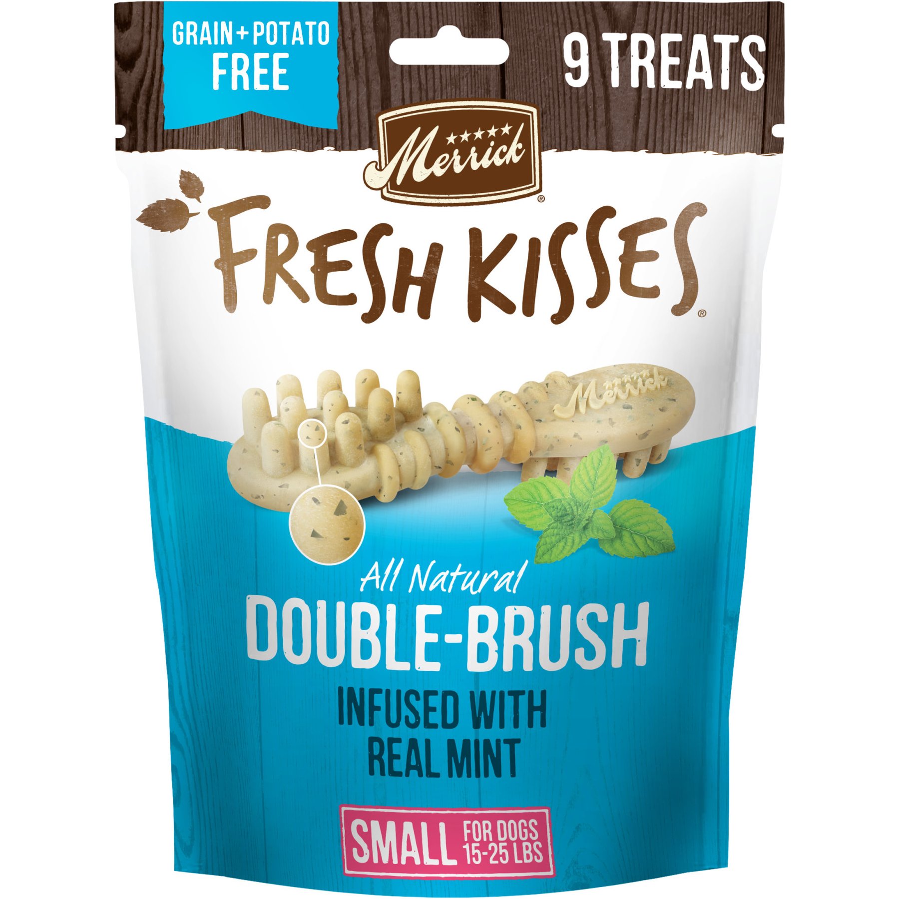 Merrick Fresh Kisses Double-Brush Mint Breath Strip Infused Small Dental Dog Treats, 9 count