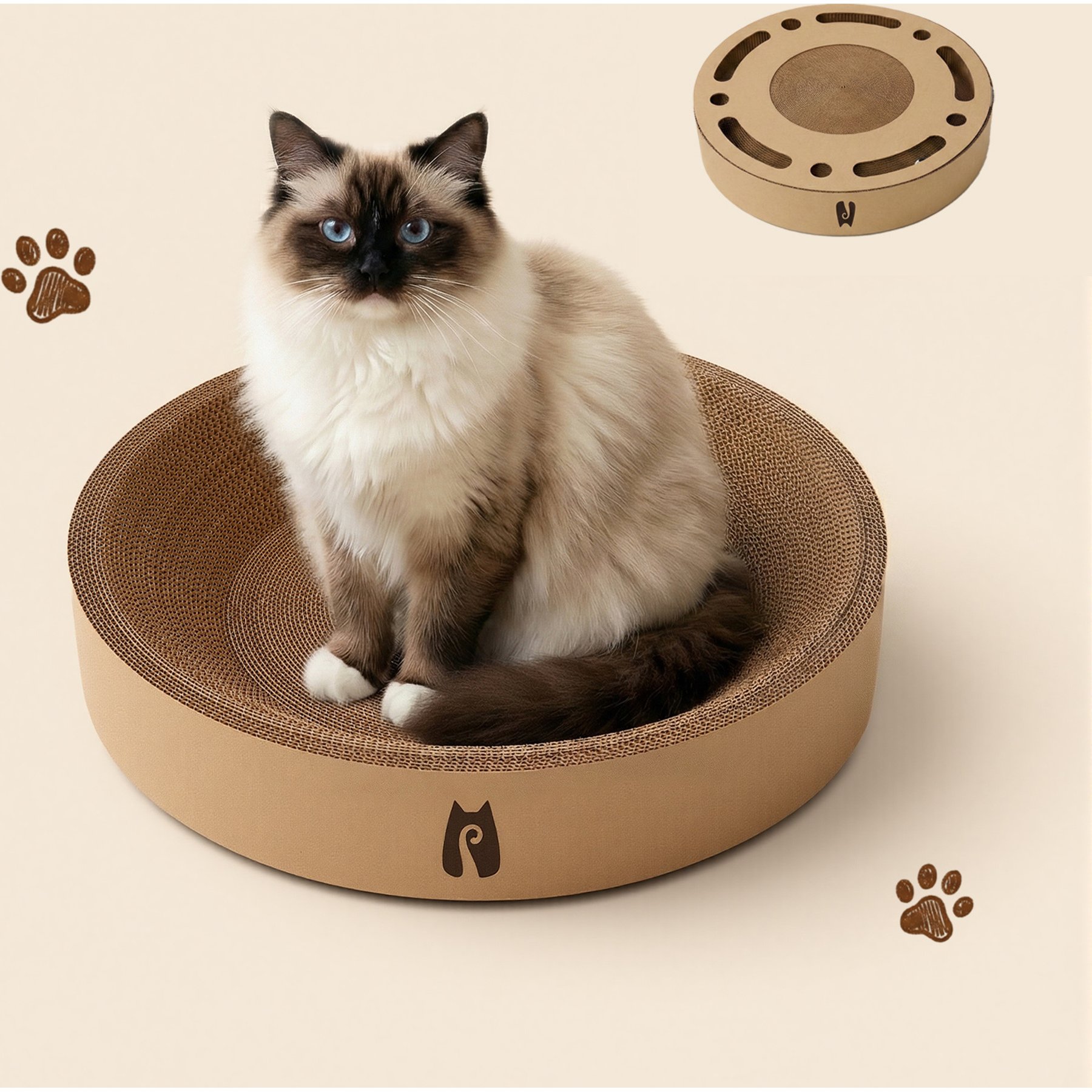 Happy & Polly 2-in-1 Round Kraft Paper Cat Scratcher Bed & Puzzle Toy, Brown