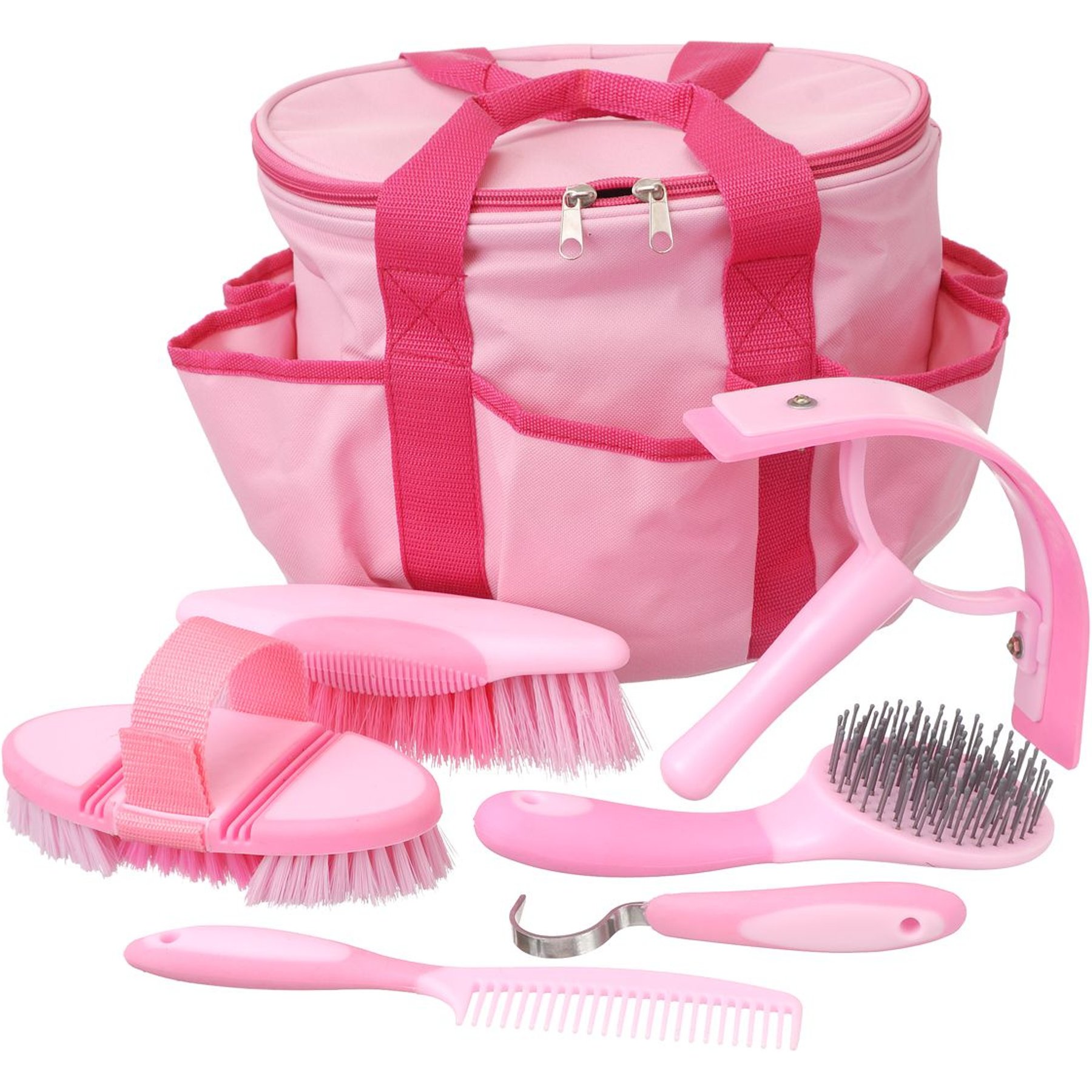 Tough1 Great Grips 6-Piece Horse Brush Set with Bag, 11 x 9 x 8-in, Pink/Light Pink