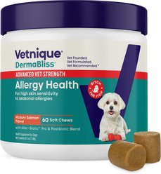 Vetnique Labs Dermabliss Advanced Vet Strength Hickory Salmon Flavor Soft Chews Allergy Health Supplement for Dogs, 60 count