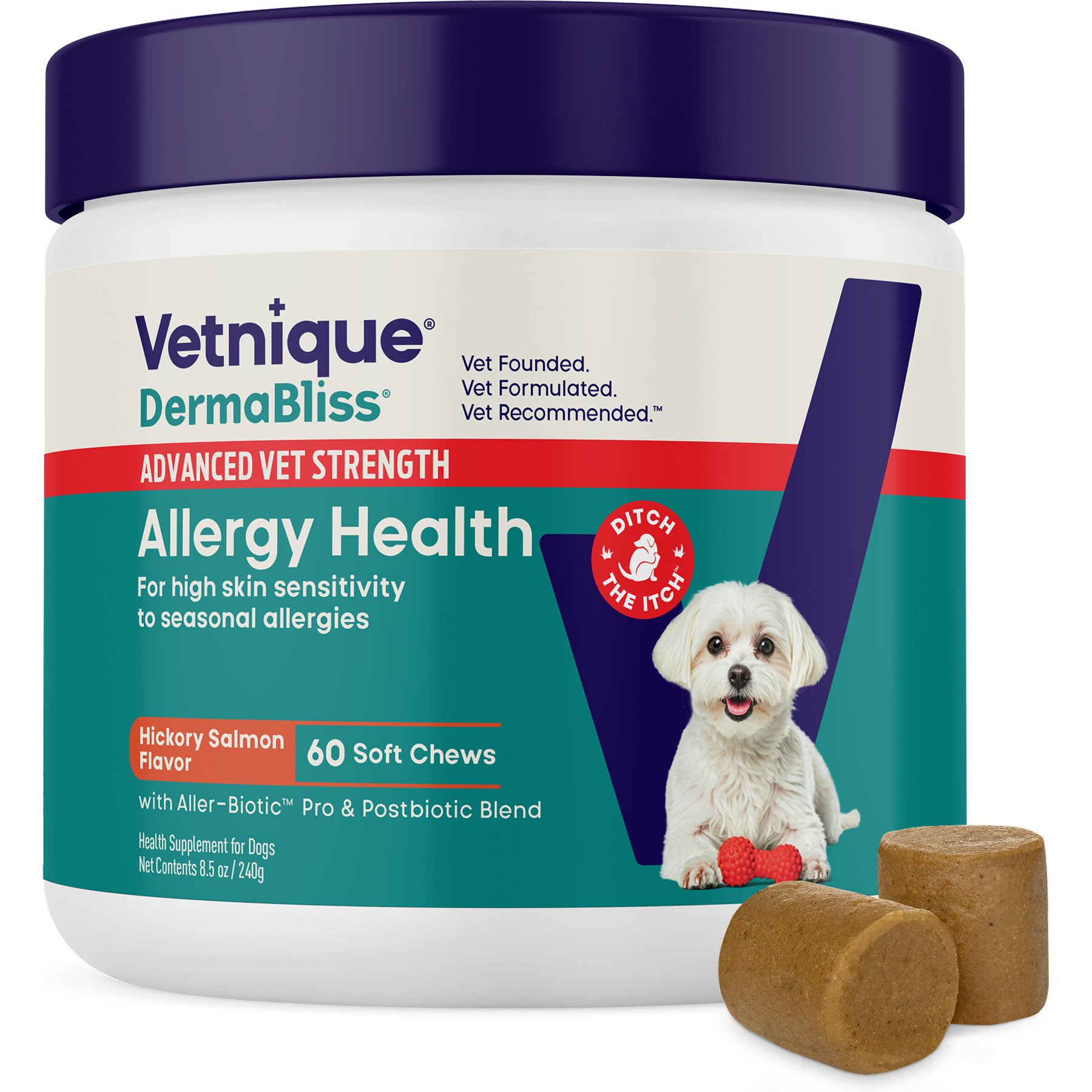 Vetnique Labs Dermabliss Advanced Vet Strength Hickory Salmon Flavor Soft Chews Allergy Health Supplement for Dogs, 60 count