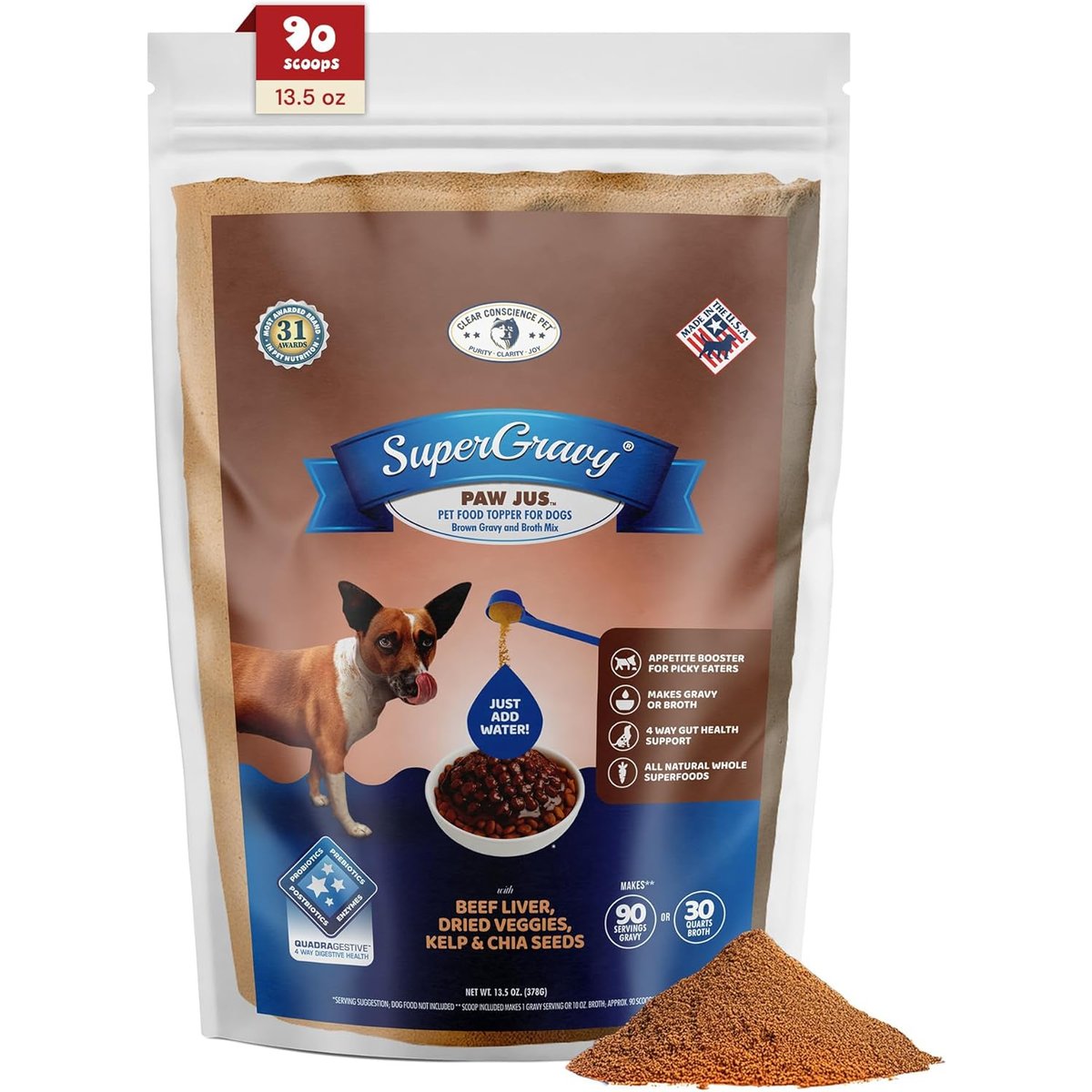 CLEAR CONSCIENCE PET Paw Jus SuperGravy Beef Digestive Health Gluten Free Powder Supplement Dog Food Topper, 13.5-oz bag