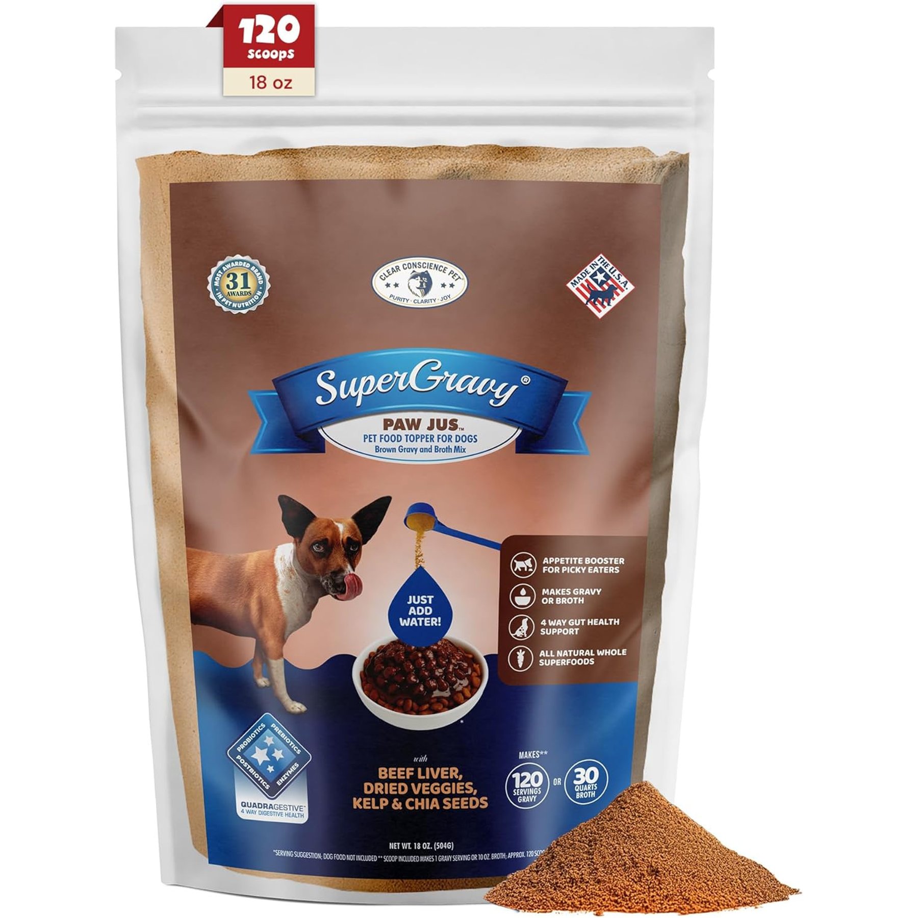 CLEAR CONSCIENCE PET Paw Jus SuperGravy Beef Digestive Health Gluten Free Powder Supplement Dog Food Topper, 18-oz bag