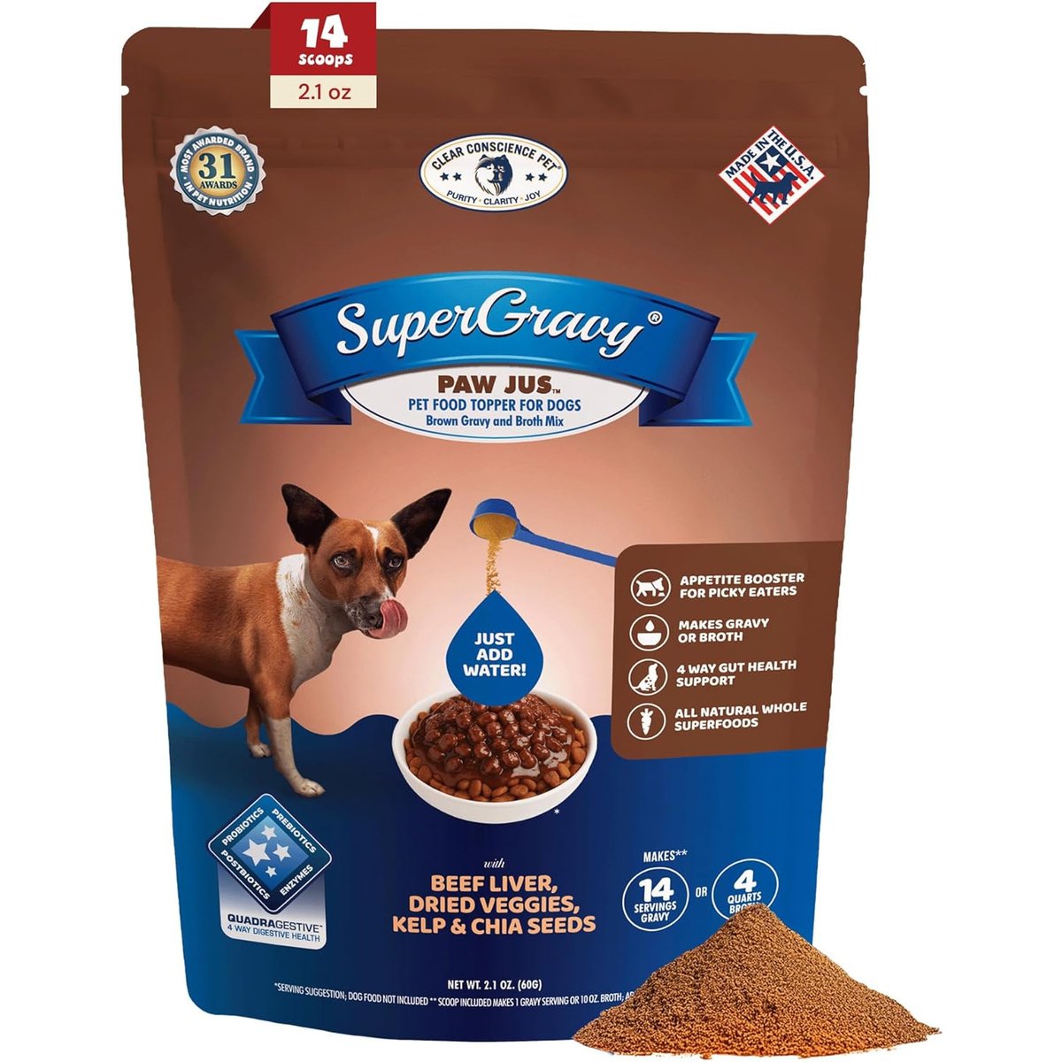 CLEAR CONSCIENCE PET Paw Jus SuperGravy Beef Digestive Health Gluten Free Powder Supplement Dog Food Topper, 2.1-oz bag
