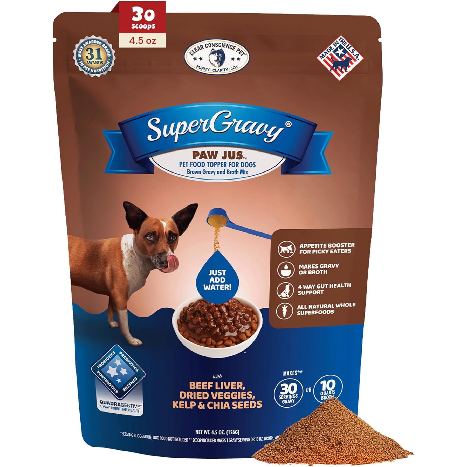 CLEAR CONSCIENCE PET Paw Jus SuperGravy Beef Digestive Health Gluten Free Powder Supplement Dog Food Topper, 4.5-oz bag