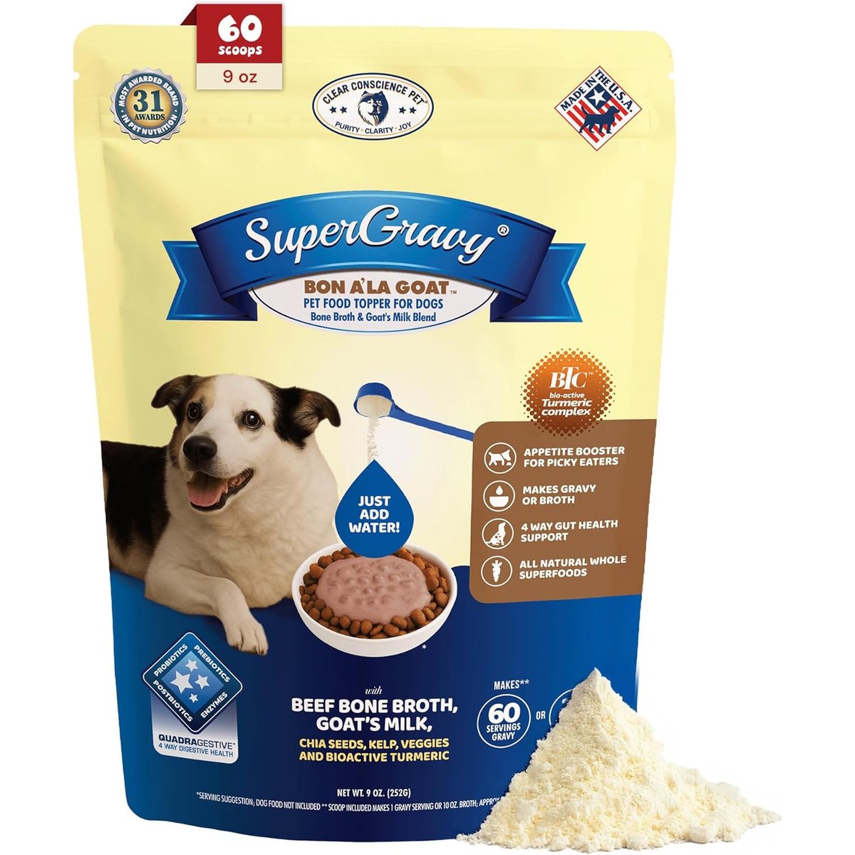 CLEAR CONSCIENCE PET SuperGravy Bon A' La Goat Beef Digestive Health Gluten Free Powder Supplement Dog Food Topper, 9-oz bag
